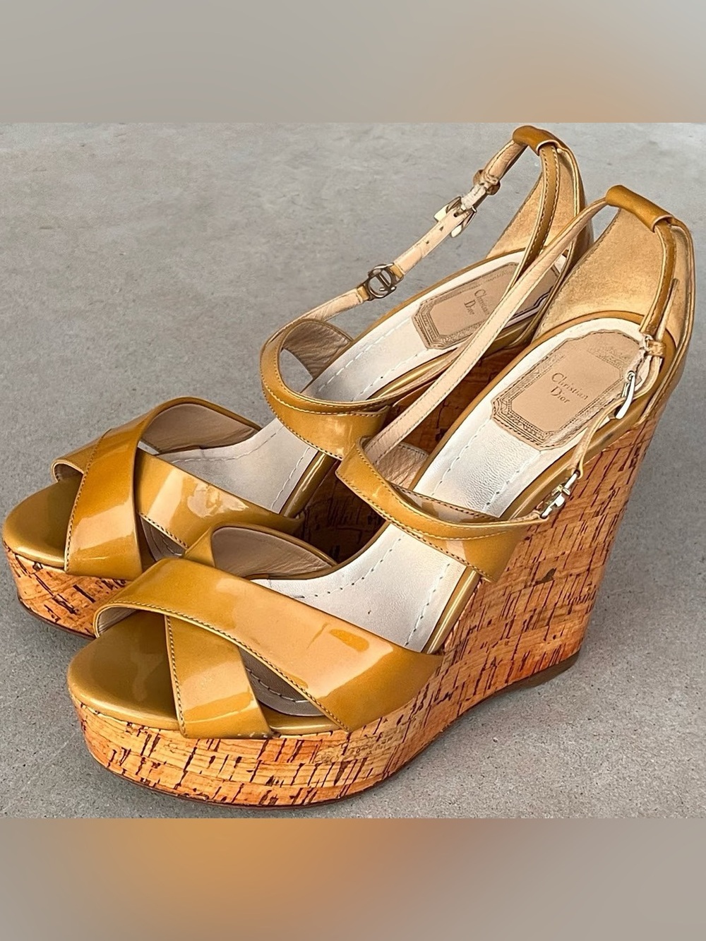 Christian Dior Vintage Patent Leather Cork Wedge Sandals Mustard Brown 38 Italy